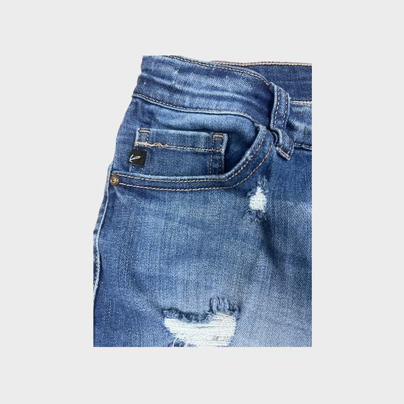 KanCun Daphne Mid Rise Shorts | Medium | Faded Dark Blue, Frayed Hem - Picture 5 of 9